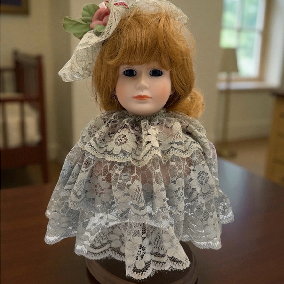 Vintage Other - Porcelain Doll Bust Head on Stand with Lace Dress and Hat